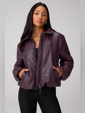 Fabletics Burgundy Faux-Leather Bomber Jacket Oversized Medium Full-Zip NWOT